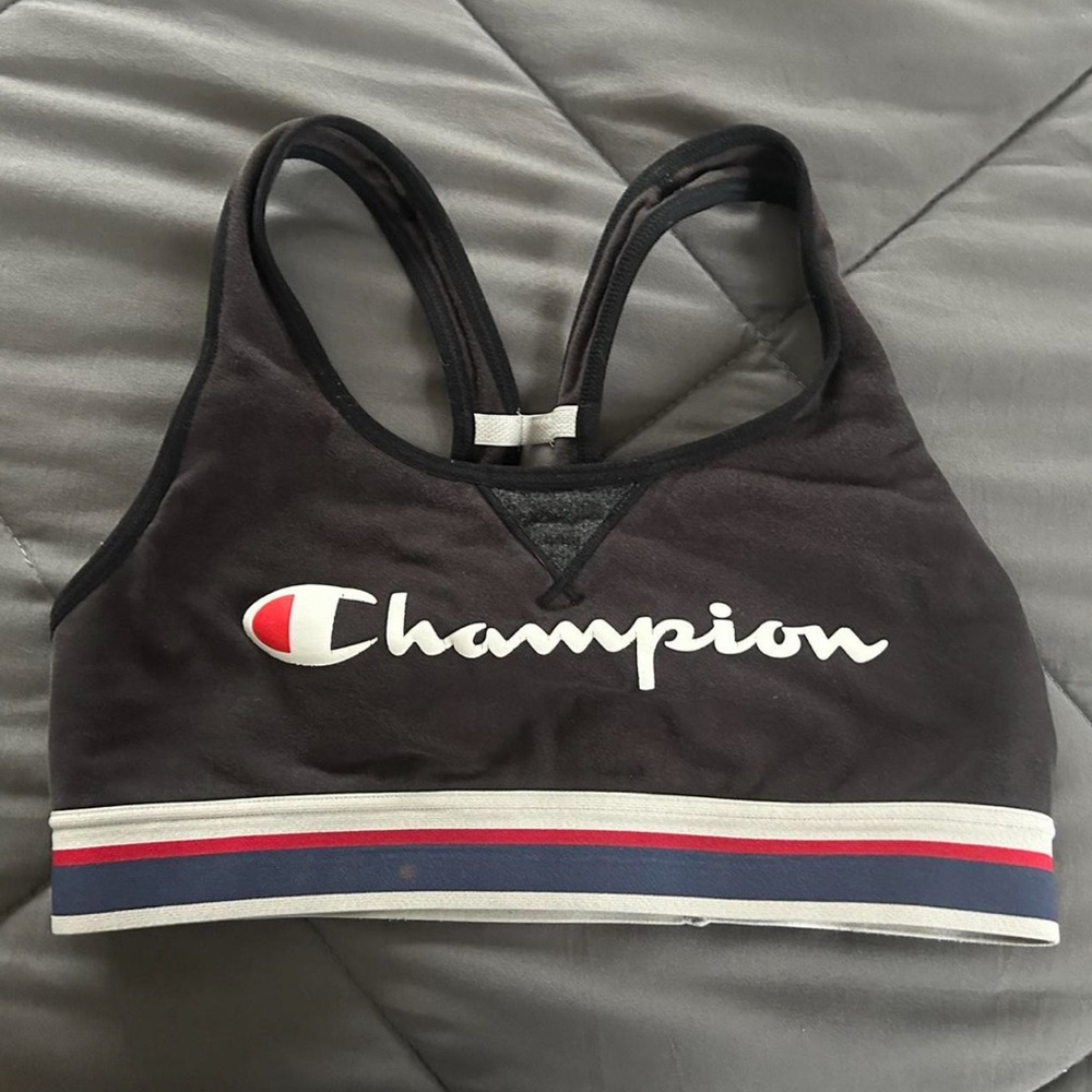 Champion Black Sports Bra with Red and White Logo